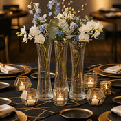 Three 8" Sabrina bud vases with white and blue flowers on a black table - thumbnail number 4