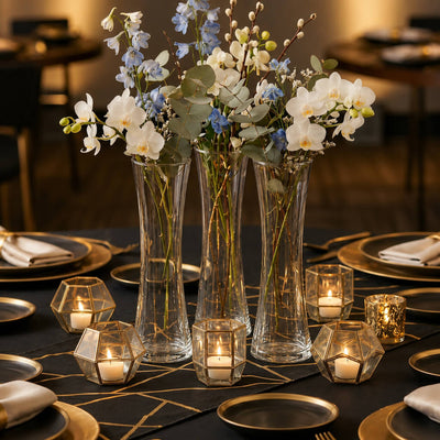 Three 8" Sabrina bud vases with white and blue flowers on a black table - thumbnail number 4