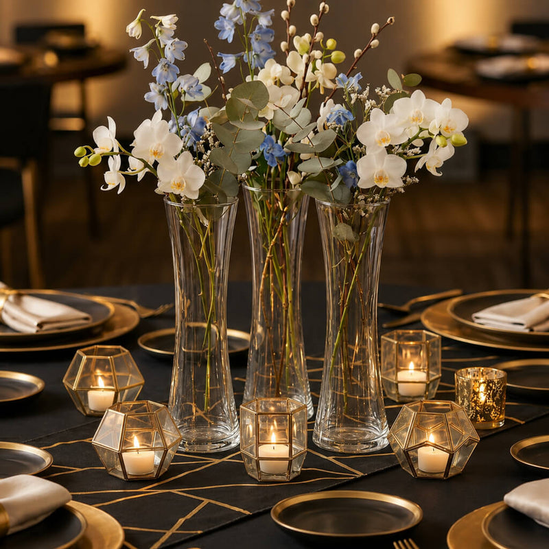 Three 8" Sabrina bud vases with white and blue flowers on a black table - thumbnail number 4