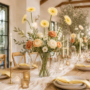 24" yellow gerbera daisies in a centerpiece arrangement on a rustic wooden dining table - thumbnail number 5