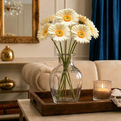 24" yellow gerbera daisies in a glass vase on a wooden tray with a candle - thumbnail number 7