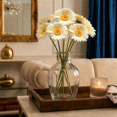 24" yellow gerbera daisies in a glass vase on a wooden tray with a candle - thumbnail number 7
