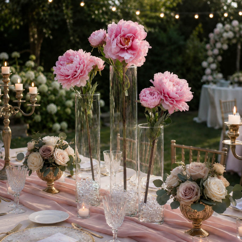 Three 22-inch pink peony sprays in tall glass vases as wedding table centerpieces - thumbnail number 5