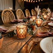 Rustic dining table with glowing rose gold chevron candle holders - thumbnail number 4