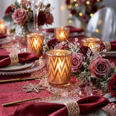 Glamorous floral table setting with glowing rose gold votive holders - thumbnail number 5