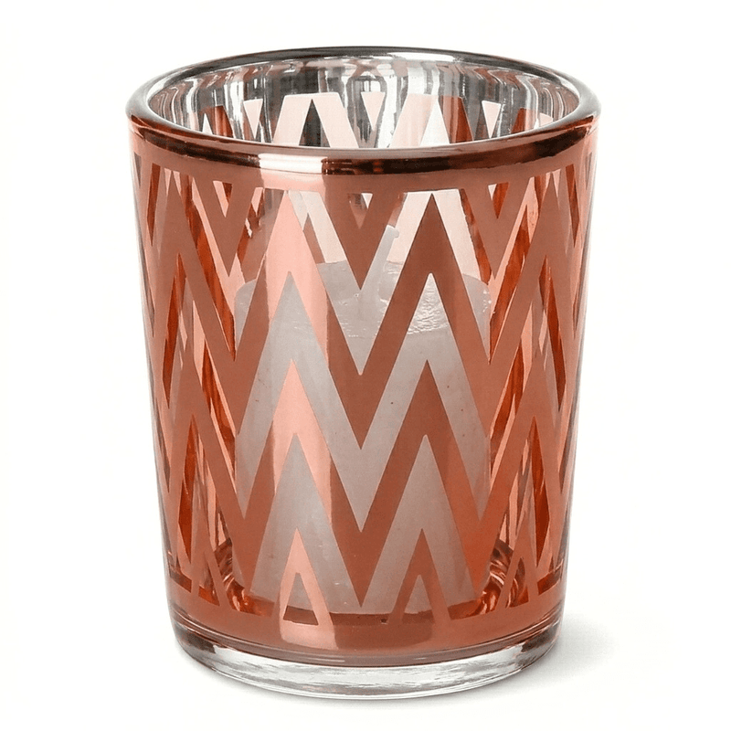 Rose gold chevron glass holder with white votive candle on white background - thumbnail number 2