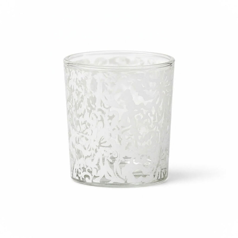 White Lace Design Votive Candle Holder standing on a white backdrop - thumbnail number 1