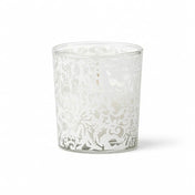 White lace design votive candle holder with candle on white background - thumbnail number 2