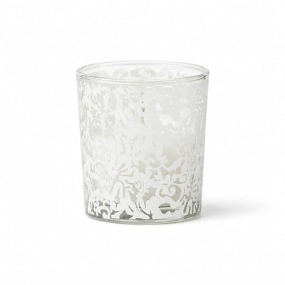 White lace design votive candle holder with candle on white background - thumbnail number 2