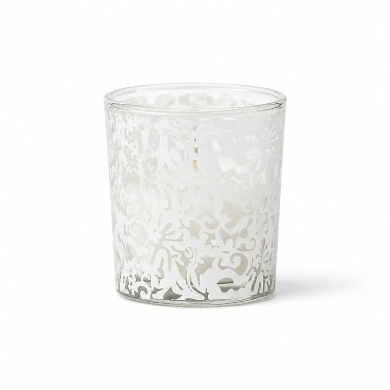 White lace design votive candle holder with candle on white background - thumbnail number 2