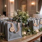 12" x 12" gray recycled canvas tote bags with 'Thank you' tags arranged on a table with flowers - thumbnail number 3