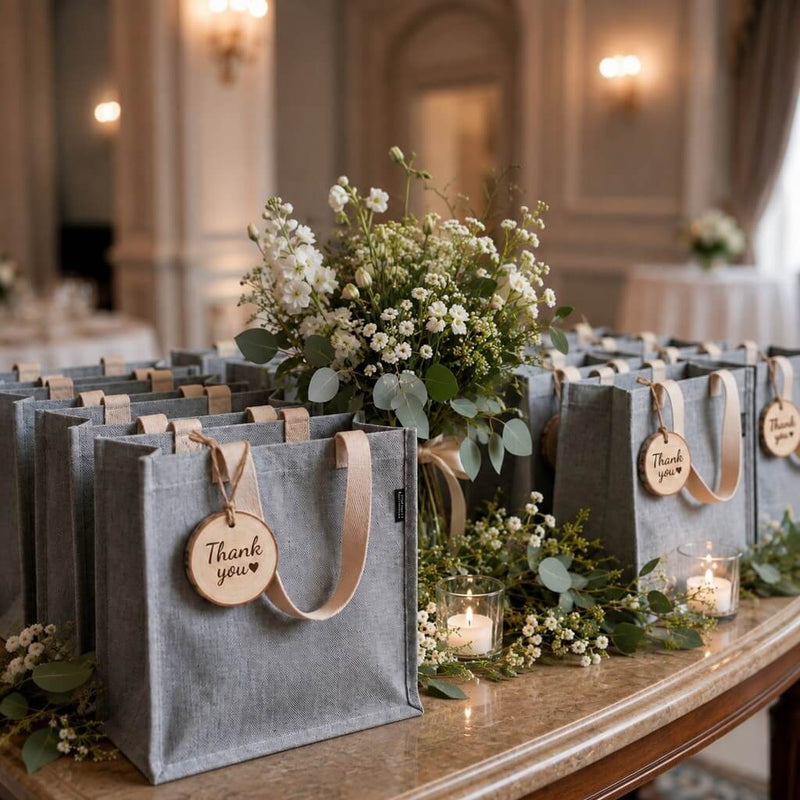 12" x 12" gray recycled canvas tote bags with 'Thank you' tags arranged on a table with flowers - thumbnail number 3