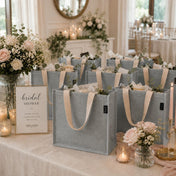 Gray canvas tote bags arranged on a table with a bridal shower sign and floral decor - thumbnail number 4