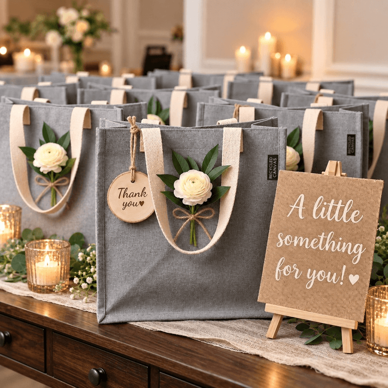 12" x 12" gray recycled canvas tote bags decorated with white flowers and 'Thank you' tags - thumbnail number 5