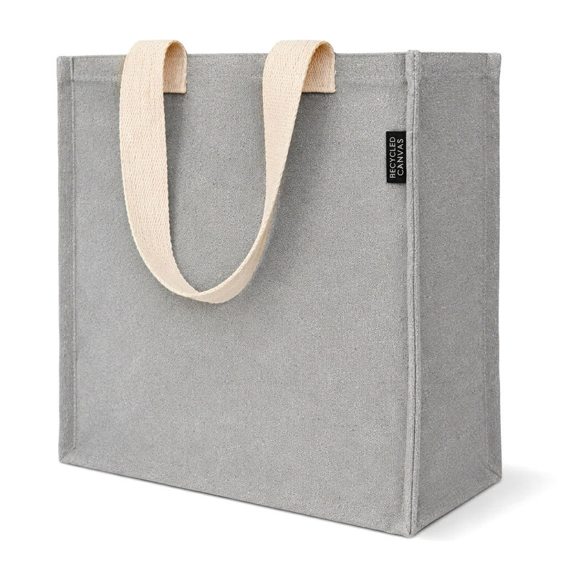12" x 12" gray recycled canvas tote bag angled on a white background - thumbnail number 1