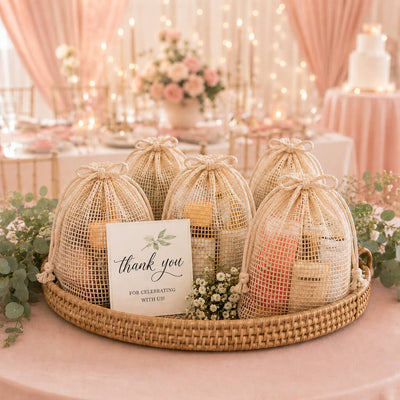 Natural cotton net drawstring gift bags on a tray at a wedding reception - thumbnail number 2