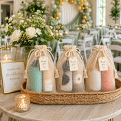 Natural cotton net drawstring gift bags with thank you tags on a wooden tray - thumbnail number 3