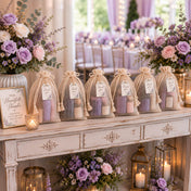 Natural cotton net drawstring gift bags with thank you tags on a wedding display table - thumbnail number 4