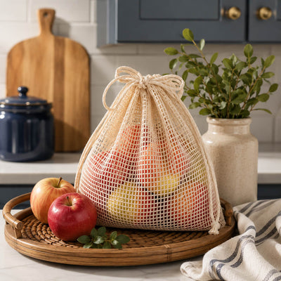 Natural cotton net drawstring bag filled with fresh apples on a wooden tray - thumbnail number 6