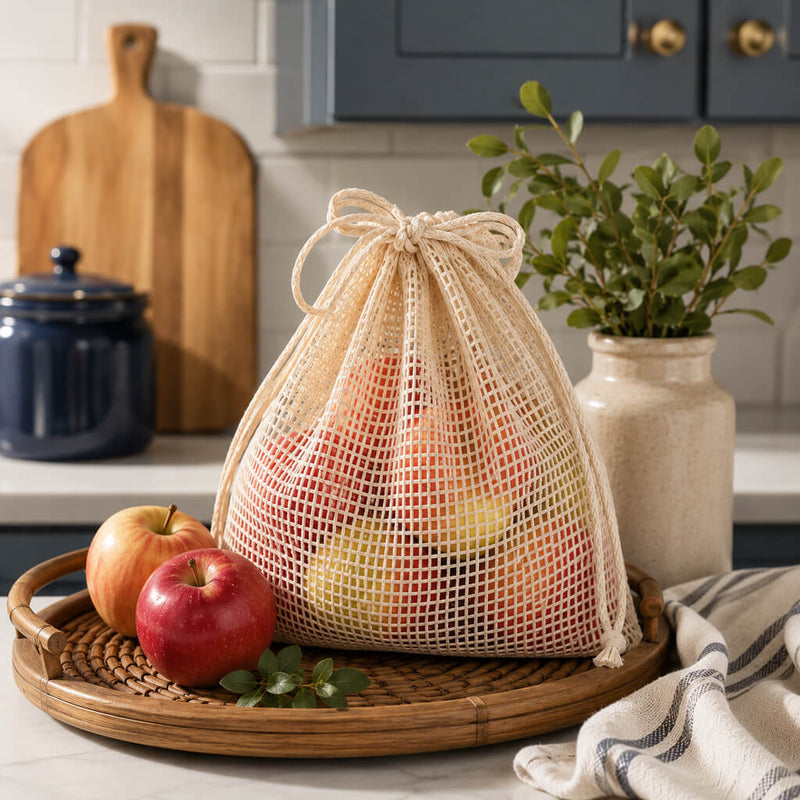 Natural cotton net drawstring bag filled with fresh apples on a wooden tray - thumbnail number 6