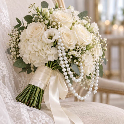 White bridal bouquet wrapped with a ribbon and draped with faux pearl bead garlands - thumbnail number 4