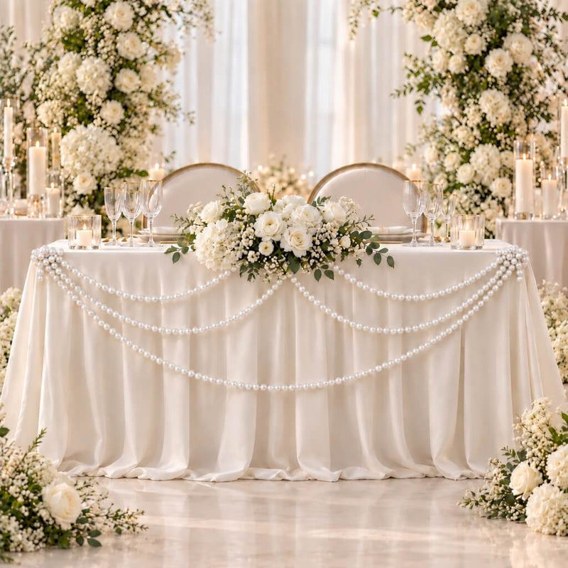 Wedding table draped with glossy white faux pearl bead garlands and floral arrangements - thumbnail number 5