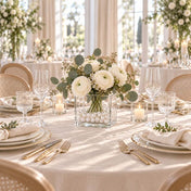 Square glass vase filled with faux pearl beads and white flowers on a table - thumbnail number 7