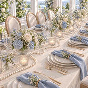 Blue and white themed tablescape featuring faux pearl garlands and floral centerpieces - thumbnail number 8