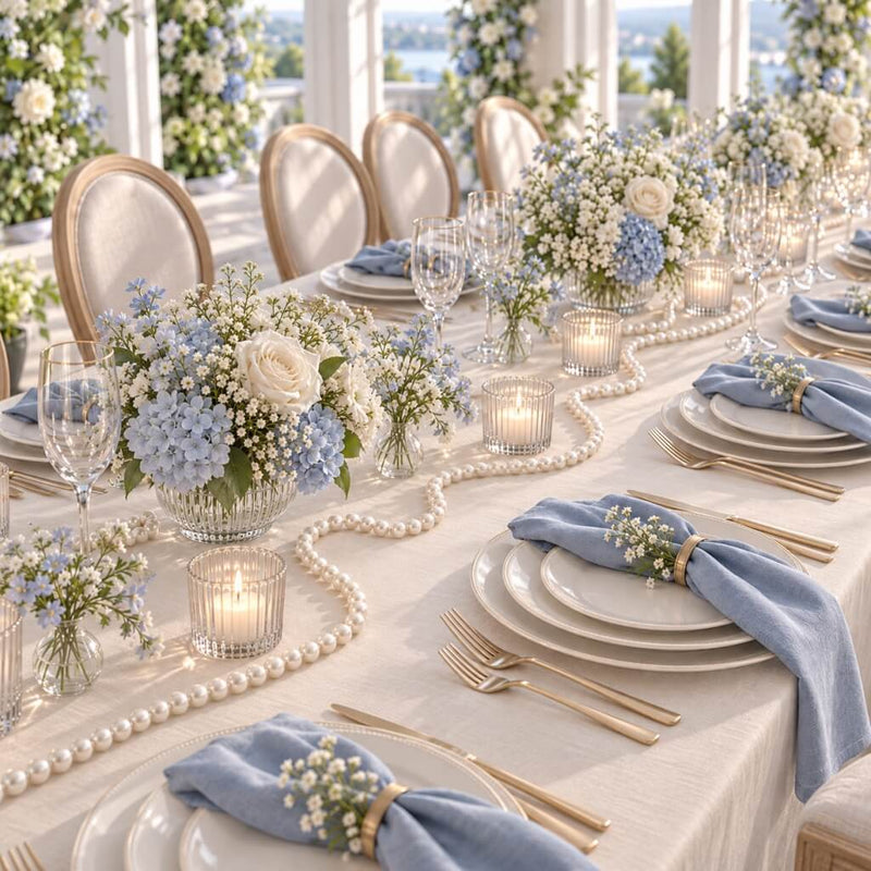 Blue and white themed tablescape featuring faux pearl garlands and floral centerpieces - thumbnail number 8
