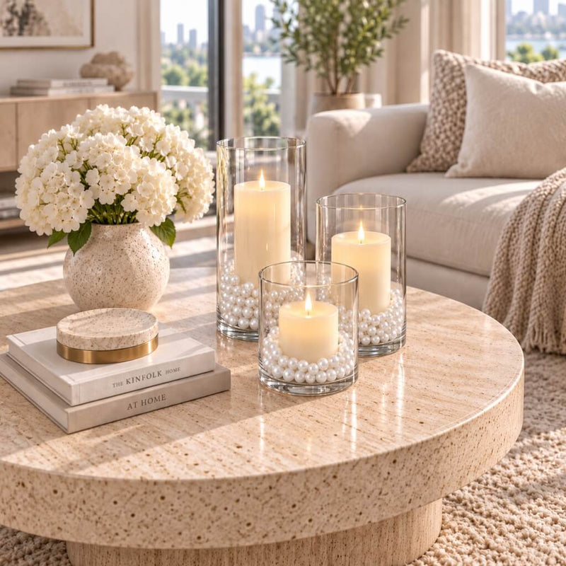 Glass candle holders filled with faux pearl beads surrounding lit candles on a table - thumbnail number 11