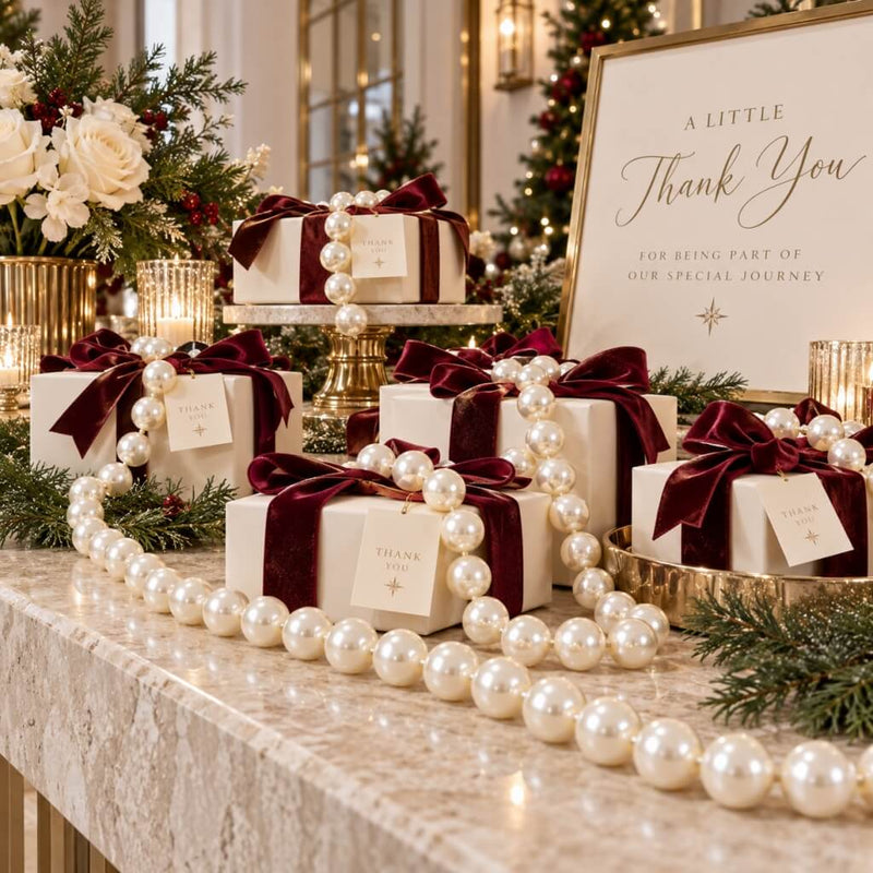 Gift boxes wrapped with velvet bows and draped with strands of white faux pearls for a holiday display - thumbnail number 4