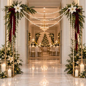 Holiday entryway arch draped with ivory faux pearl strands, greenery, red ribbons, and candles - thumbnail number 6