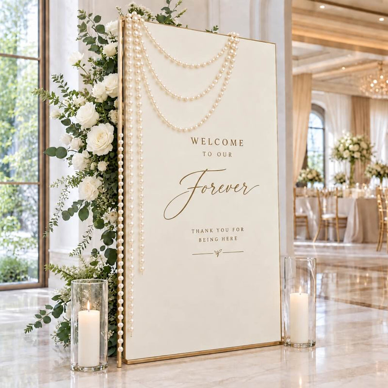 Wedding welcome sign decorated with ivory faux pearl bead strands, flowers, and candles - thumbnail number 7