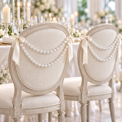 Wedding reception chairs decorated with faux pearl strands and bows - thumbnail number 6