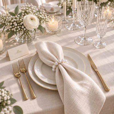 Cloth napkin secured with a faux pearl napkin ring on a table setting - thumbnail number 7