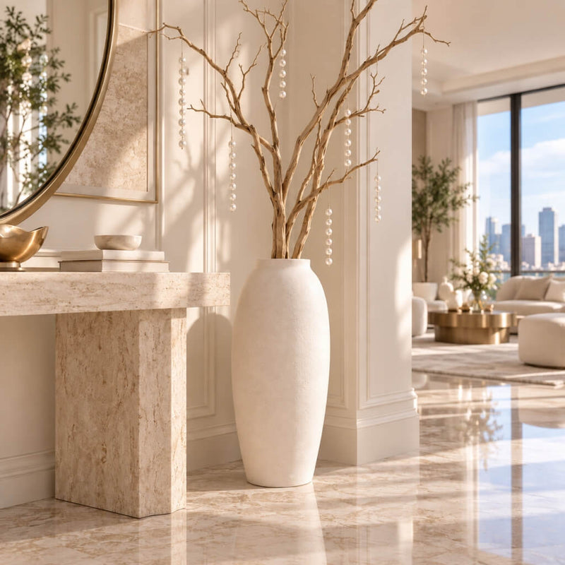 Tall white floor vase with decorative branches adorned with hanging pearl strands on a glossy floor - thumbnail number 9
