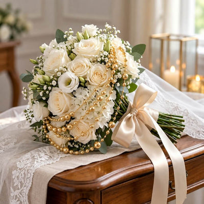 Gold faux pearl string beads draped over a bridal bouquet of white roses and a satin ribbon - thumbnail number 2