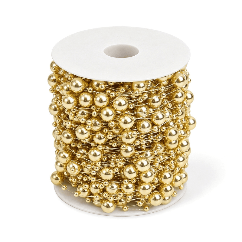 Spool of gold faux pearl string beads on a transparent fishing line - thumbnail number 1