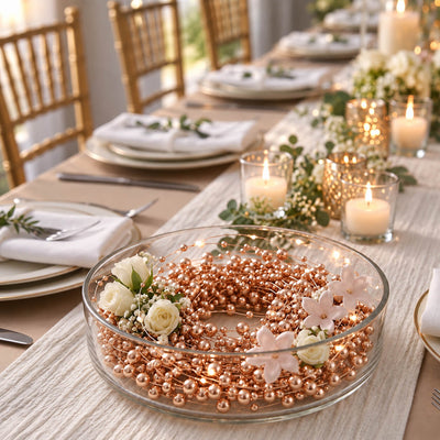 Rose gold faux pearl string beads used as vase filler with white flowers inside a glass bowl - thumbnail number 3