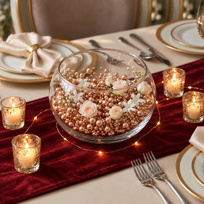 Rose gold faux pearl string beads used as vase filler with white flowers inside a glass bowl - thumbnail number 4