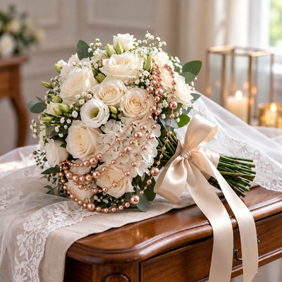 Bridal bouquet of white roses and satin ribbon draped with rose gold faux pearl string beads - thumbnail number 5