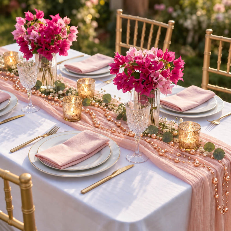 Rose gold faux pearl string beads draped along a pink table runner - thumbnail number 6