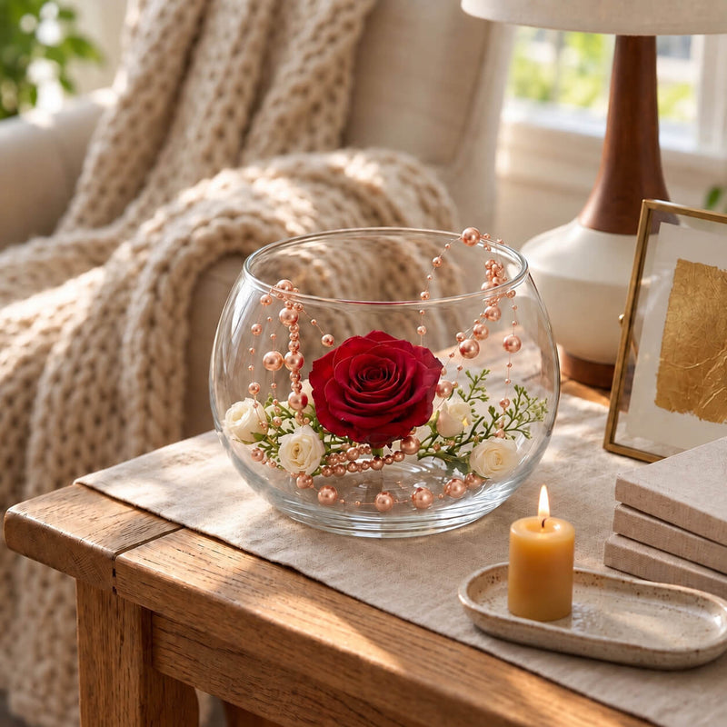 A glass bowl filled with rose gold faux pearl strings, a red rose, and small white flowers - thumbnail number 8