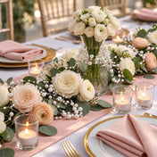 White faux pearl string beads wrapped around a centerpiece vase with white flowers - thumbnail number 4