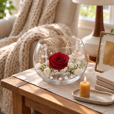 White faux pearl string beads used as vase filler with a red rose and white flowers inside a bowl - thumbnail number 9