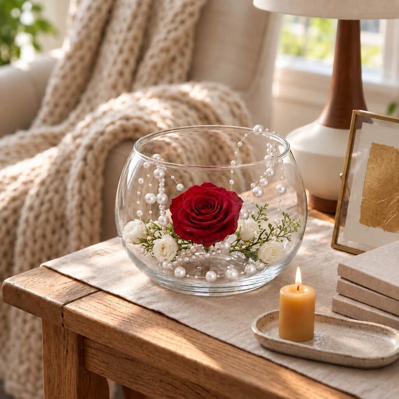 White faux pearl string beads used as vase filler with a red rose and white flowers inside a bowl - thumbnail number 9