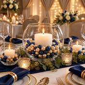 Round glass bowl vases filled with navy blue and gold pearls surrounding lit candles - thumbnail number 3