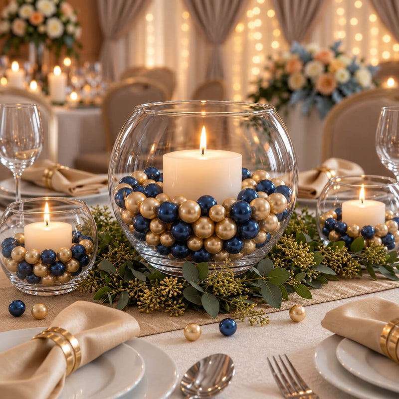 Round glass bowl vases filled with navy blue and gold pearls surrounding lit candles - thumbnail number 7