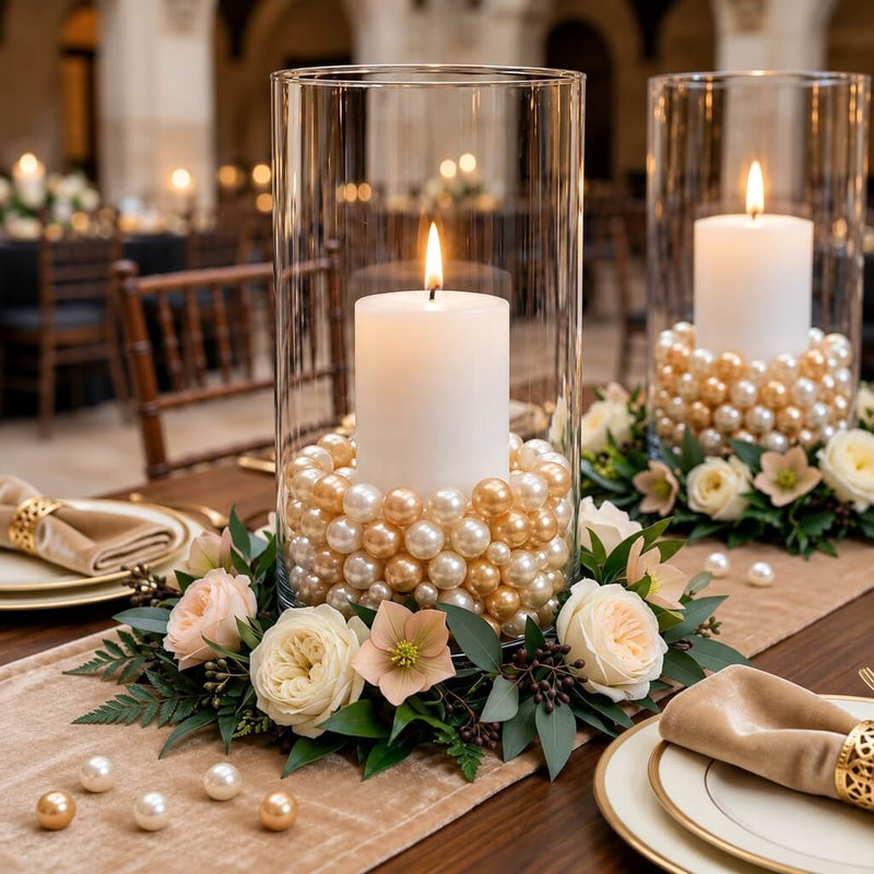 Off-white and gold pearl beads fill glass vases around lit candles - thumbnail number 4