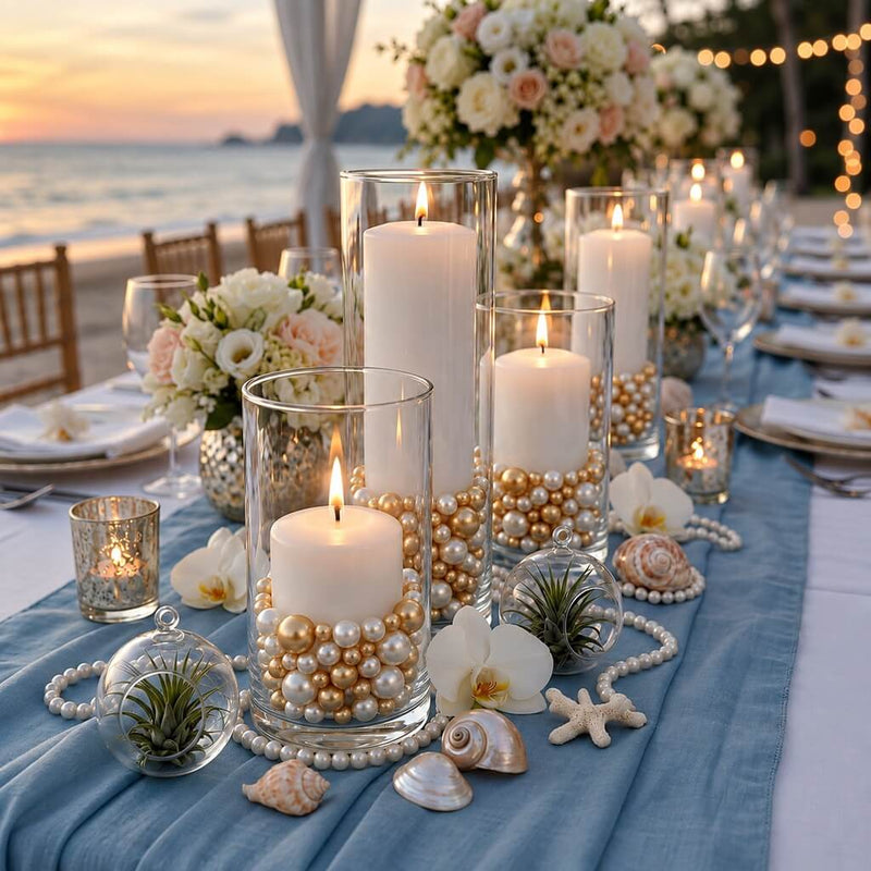 Glass cylinder vases with lit candles, filled with off-white and gold pearls on a seaside table - thumbnail number 5